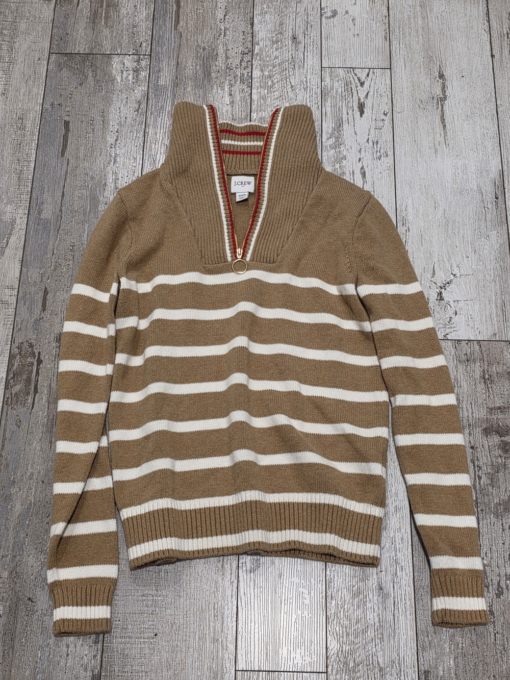 XXS Women's Quarter Zip Pullover Sweater Striped White Brown 100% Cotton